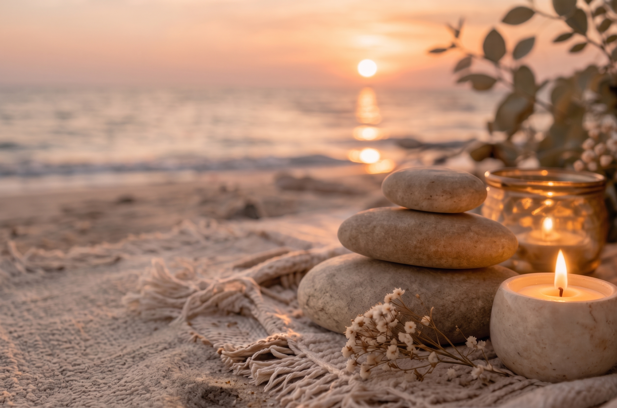A serene scene with stacked stones, lit candles, and eucalyptus leaves at sunset