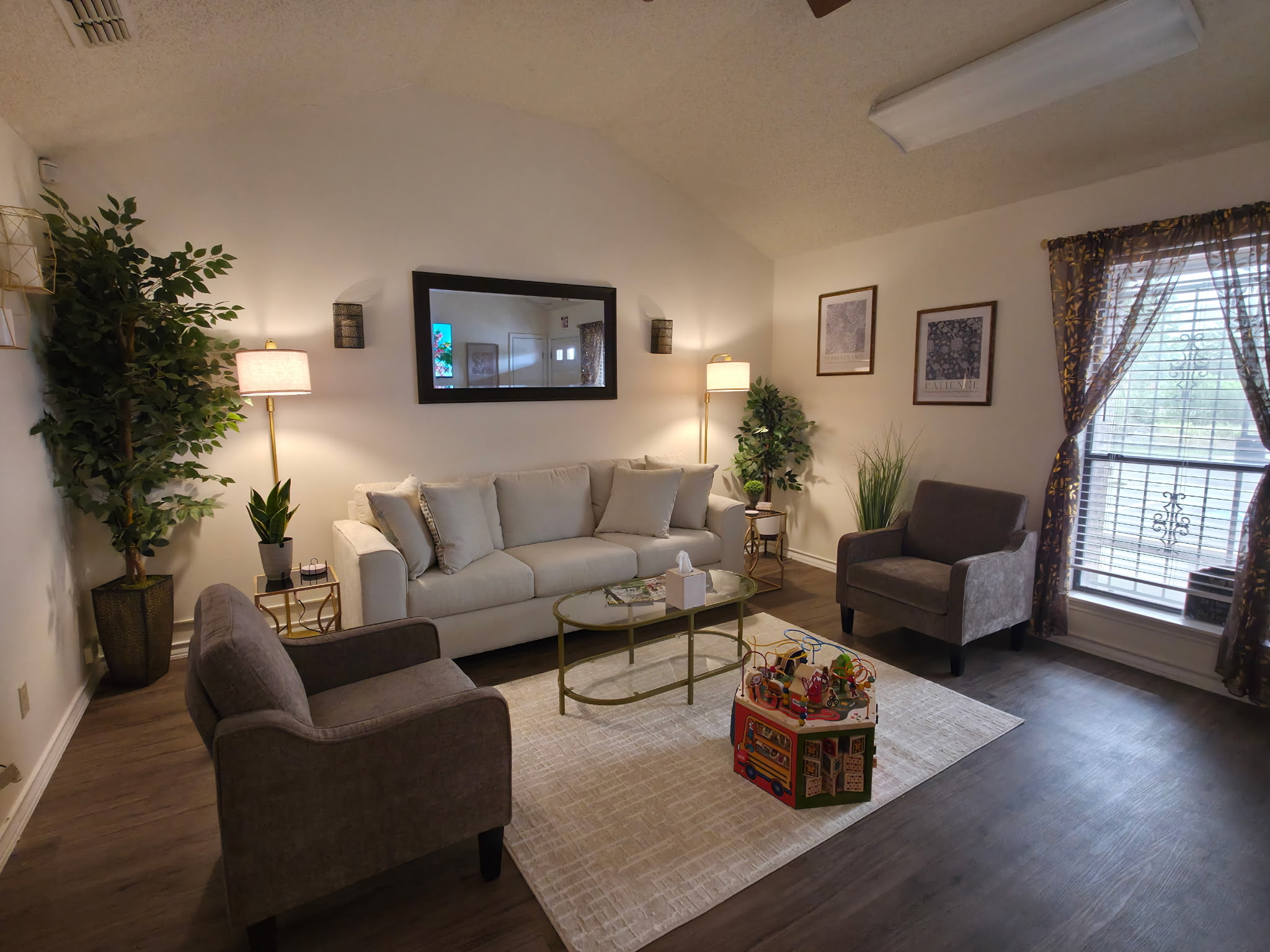 Cozy lobby view with natural light